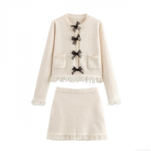 Women's Two Piece Knit Skirt Set Elegant Ivory White Cardigan Jacket With Black Mesh Bows And Fringe Trim Long Sleeve Top And Mini Skirt Sweet Lady Style Outfits