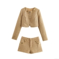 Women's Two Piece Gold Tweed Shorts Set Elegant Sequin Rhinestone Short Jacket And Shorts Suit For Party Event Chic Lady Co-ord Outfit