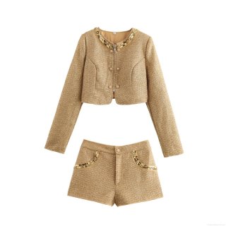 Women's Two Piece Gold Tweed Shorts Set Elegant Sequin Rhinestone Short Jacket And Shorts Suit For Party Event Chic Lady Co-ord Outfit