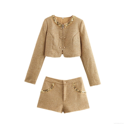 Women's Two Piece Gold Tweed Shorts Set Elegant Sequin Rhinestone Short Jacket And Shorts Suit For Party Event Chic Lady Co-ord Outfit