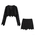 Women's Sexy Black Lace Two Piece Skirt Set Floral Hollow Out Long Sleeve V Neck Tie-up Cardigan And A-line Mini Skirt Set