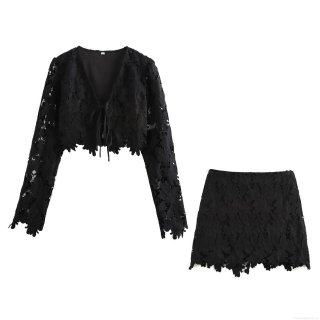 Women's Sexy Black Lace Two Piece Skirt Set Floral Hollow Out Long Sleeve V Neck Tie-up Cardigan And A-line Mini Skirt Set