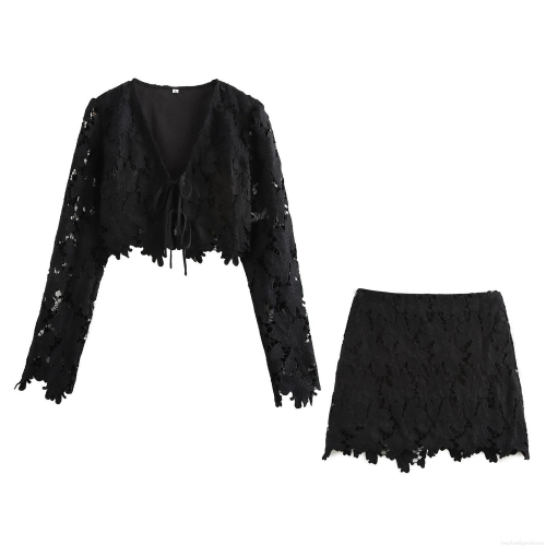 Women's Sexy Black Lace Two Piece Skirt Set Floral Hollow Out Long Sleeve V Neck Tie-up Cardigan And A-line Mini Skirt Set