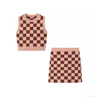 Women's 2 Piece Knit Sweater Set Checkerboard Sleeveless Crop Top Vest and High Waist Mini Skirt Preppy School Style Outfit Pink Brown