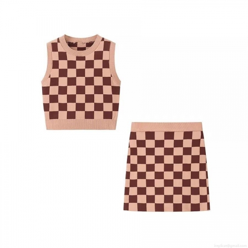 Women's 2 Piece Knit Sweater Set Checkerboard Sleeveless Crop Top Vest and High Waist Mini Skirt Preppy School Style Outfit Pink Brown