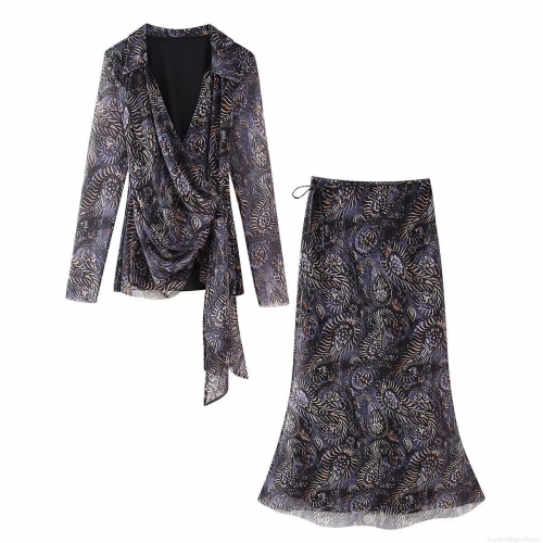 Women's 2 Piece Sexy Mesh Paisley Print Skirt Set Deep V Neck Wrap Tie Top And High Waist Fishtail Long Skirt Slim Fit Clubwear Party Outfit