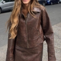Women's Vintage Brown PU Faux Leather Skirt Suit Set Zippered Lapel Crop Jacket And Mini A-Line Skirt Two Piece Set Outwear Streetwear