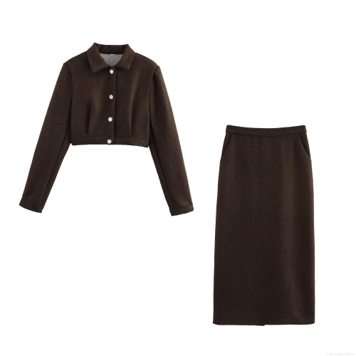 Vintage Herringbone Skirt Suit Set For Women Elegant Short Tweed Jacket And Midi Bodycon Skirt Two Piece Outfits For Office Work Autumn Winter