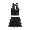 Women Sexy 2 Piece Skirt Set Lace Halter Neck Tie Up Crop Top And Layered Mesh Tutu Mini Skirt Sweet Spicy Party Clubwear Outfits