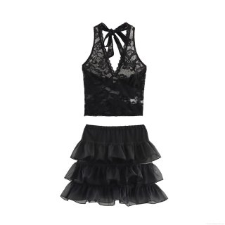 Women Sexy 2 Piece Skirt Set Lace Halter Neck Tie Up Crop Top And Layered Mesh Tutu Mini Skirt Sweet Spicy Party Clubwear Outfits