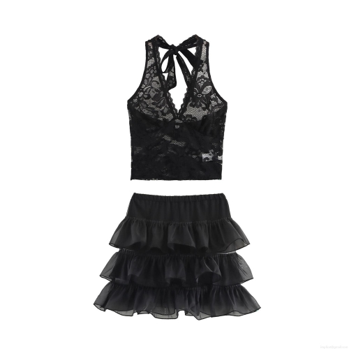 Women Sexy 2 Piece Skirt Set Lace Halter Neck Tie Up Crop Top And Layered Mesh Tutu Mini Skirt Sweet Spicy Party Clubwear Outfits