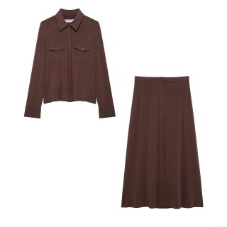 Women's 2-Piece Skirt Set 100% Polyester Woven Lapel Long Sleeve Button Down Shirt And A-Line Midi Skirt Dark Brown Elegant Chic Office Work Wear Outfit