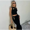 Women's Sexy 2 Piece Set Sleeveless Cut Out Crop Top And Bodycon Maxi Skirt Set With Gold Metal Rose Flower Buttons Elegant Party Clubwear Outfits