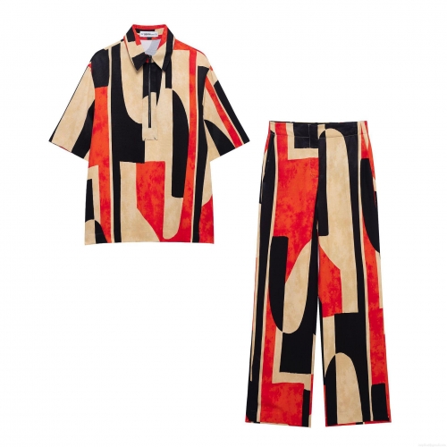 Women's Two Piece Set Abstract Geometric Print Half Zip Short Sleeve Shirt And High Waist Wide Leg Trousers Casual Commuter Summer Outfit