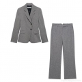 Women's Professional Office Lady Grey Pants Suit 2 Piece Set Notched Lapel Single Breasted Blazer and Straight Leg Trousers Polyester Woven Suit for Business Commute