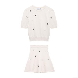 Women's Elegant Knit Skirt Set Beaded Rhinestone Short Sleeve Round Neck Top And A-Line Mini Skirt Two Piece Outfit For Casual Party Wear