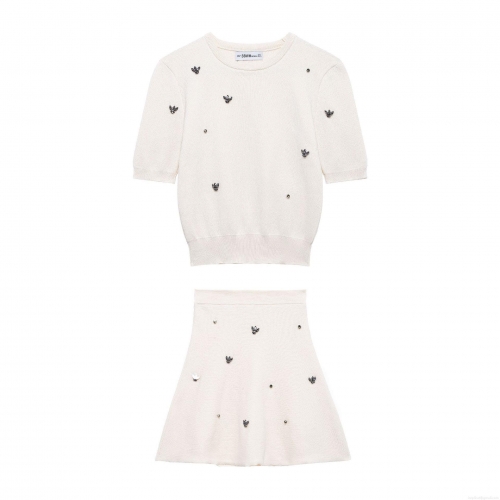 Women's Elegant Knit Skirt Set Beaded Rhinestone Short Sleeve Round Neck Top And A-Line Mini Skirt Two Piece Outfit For Casual Party Wear
