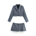 Women's 2-Piece Blazer Skirt Set Contrast White Hem Cropped Long Sleeve Suit Jacket And Mini A-Line Skirt Preppy Style Woven Polyester Casual Office Work Lady Outfits