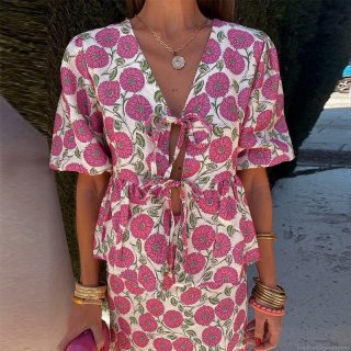 Women's Two Piece Set Floral Print V-Neck Tie Front Bubble Sleeve Peplum Shirt Top And Long Maxi Skirt Polyester Sweet Vacation Holiday Outfits