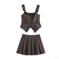 Women's Sweet Preppy Style Two-Piece Skirt Set Dark Gray Polyester Ruffle Trim Camisole Top and Pleated Mini Skirt Casual Outfit for Ladies Daily Dating Wear