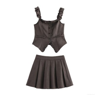 Women's Sweet Preppy Style Two-Piece Skirt Set Dark Gray Polyester Ruffle Trim Camisole Top and Pleated Mini Skirt Casual Outfit for Ladies Daily Dating Wear