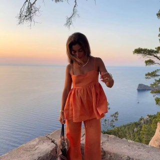 Women's Sexy Orange Two-Piece Set Sleeveless Camisole Crop Top and High Waist Wide Leg Long Pants Summer Beach Vacation Outfits Cotton Linen Blend Breathable Solid Color Set