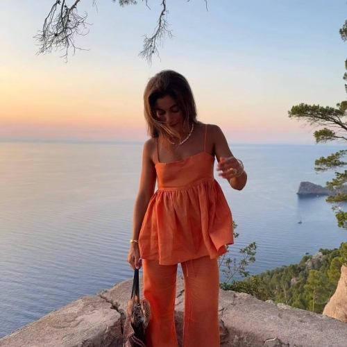 Women's Sexy Orange Two-Piece Set Sleeveless Camisole Crop Top and High Waist Wide Leg Long Pants Summer Beach Vacation Outfits Cotton Linen Blend Breathable Solid Color Set