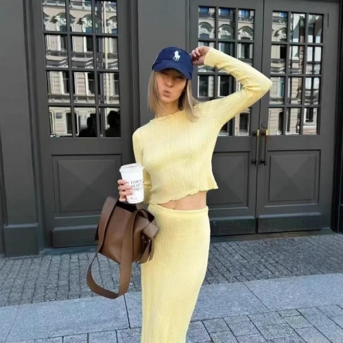 Women's Ribbed Knit Two Piece Set Long Sleeve Round Neck Crop Top And Bodycon Maxi Skirt Elegant Slim Fit Lettuce Edge Solid Color Casual Party Outfits