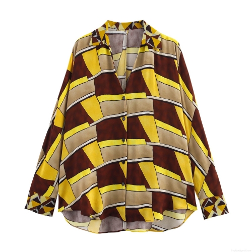 Women's Geometric Print Two Piece Set Casual Loose Long Sleeve V Neck Shirt And High Waist Wide Leg Pants Set Polyester Bohemian Outfits For Women