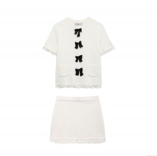Elegant Tweed Two Piece Skirt Set For Women Sweet White Short Sleeve Crop Jacket With Black Bows And Tassel Mini Skirt Co-ords Party Outfit