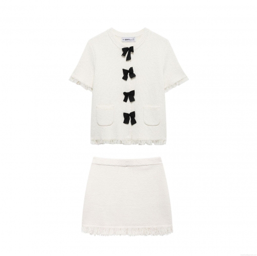 Elegant Tweed Two Piece Skirt Set For Women Sweet White Short Sleeve Crop Jacket With Black Bows And Tassel Mini Skirt Co-ords Party Outfit