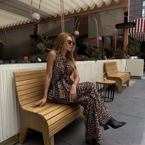 Women's Sexy Leopard Print Two-Piece Set Sleeveless Lace-Up Ruffle Hem Top and High Waist Wide Leg Pants Casual Fashion Summer Streetwear Outfits