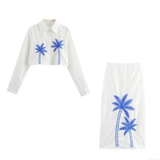 Women's 2-Piece Set Polyester Coconut Tree Embroidery Cropped Long Sleeve Shirt Button Up And Maxi Skirt Summer Beach Vacation Holiday Casual Outfit