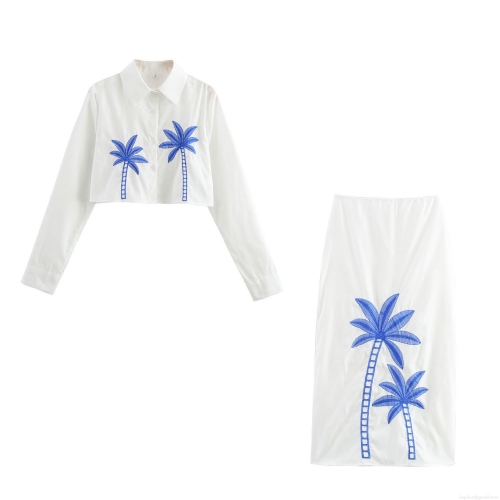 Women's 2-Piece Set Polyester Coconut Tree Embroidery Cropped Long Sleeve Shirt Button Up And Maxi Skirt Summer Beach Vacation Holiday Casual Outfit
