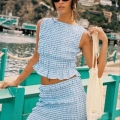 French Style Plaid Two-Piece Skirt Set Sleeveless Round Neck Chiffon Top and Shirring Mini Skirt for Women Summer Beach Vacation Wear