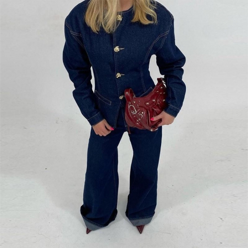 Women's Retro Denim Two-Piece Set American Vintage Contrast Stitching Gold Button Long Sleeve Jacket High Waist Wide Leg Pants Streetwear Casual Outfit