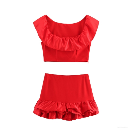 Women's Sexy Two Piece Skirt Set Polyester Satin Ruffle Crop Top Mini Skirt Spicy Girl Party Clubwear Summer Sleeveless Red Outfit