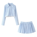 Women's Two Piece Skirt Set Light Blue White Vertical Stripe Long Sleeve Crop Shirt Top With Lace Trim And Pleated Mini Skirt Academy Style Outfits