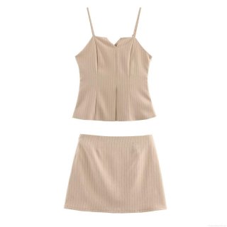 Women's Sexy Two Piece Skirt Set 100% Polyester Vertical Stripe Backless V-Neck Camisole Crop Top And A-Line Mini Skirt Summer French Style Outfits For Women Vacation Party Dating