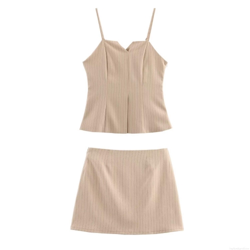 Women's Sexy Two Piece Skirt Set 100% Polyester Vertical Stripe Backless V-Neck Camisole Crop Top And A-Line Mini Skirt Summer French Style Outfits For Women Vacation Party Dating