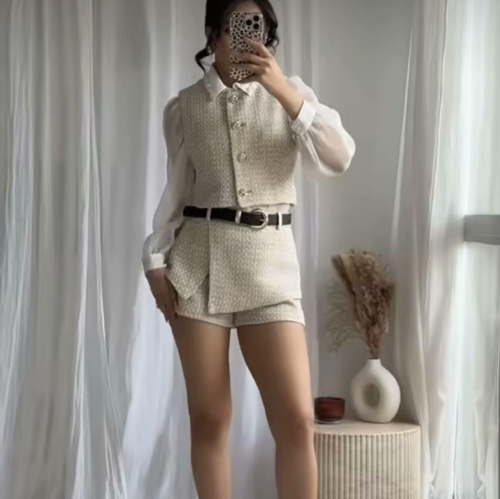 Elegant Women's Tweed Vest And Shorts Two Piece Set With Belt Gold Buttons Sleeveless Polyester Co-ord Suits For Daily Party Commute Socialite Outfit