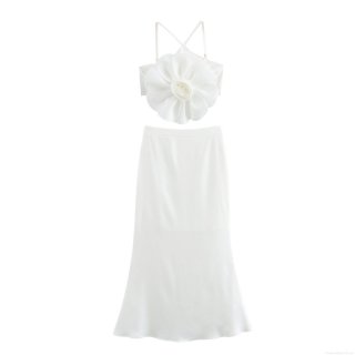Women's Sexy Two Piece Set White 3D Flower Cami Top And Elegant Maxi Fishtail Skirt For Party Evening Clubwear Wedding Guest Outfits