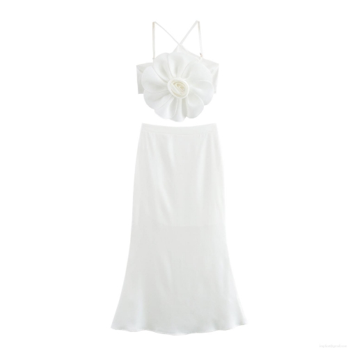 Women's Sexy Two Piece Set White 3D Flower Cami Top And Elegant Maxi Fishtail Skirt For Party Evening Clubwear Wedding Guest Outfits