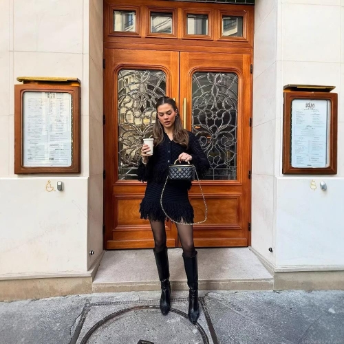 Women's Elegant Knit Two-Piece Set Hollow Out Long Sleeve Cardigan And Fringe Midi Skirt Chic Black Tassel Knitted Skirt Suit For Party Office Ladies