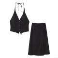 Women's Elegant Halter Neck V-Neck Vest Top and Midi Wrap Skirt Two-Piece Set Backless Lace-up Solid Color Summer Casual Skirt Suit for Women