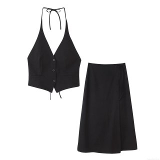 Women's Elegant Halter Neck V-Neck Vest Top and Midi Wrap Skirt Two-Piece Set Backless Lace-up Solid Color Summer Casual Skirt Suit for Women