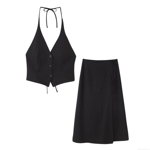Women's Elegant Halter Neck V-Neck Vest Top and Midi Wrap Skirt Two-Piece Set Backless Lace-up Solid Color Summer Casual Skirt Suit for Women