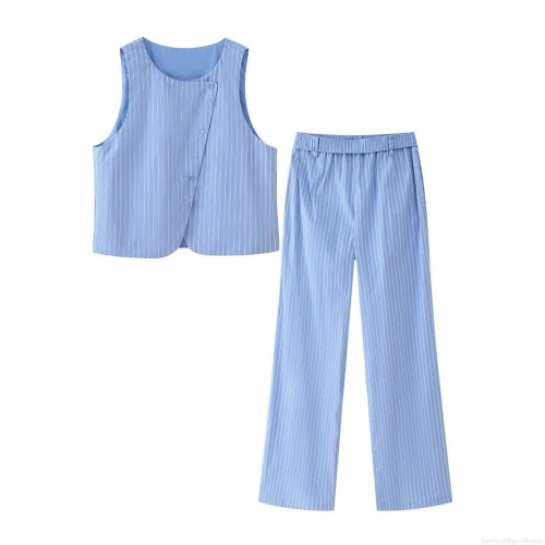 Women's Casual Striped Two-Piece Set Sleeveless Asymmetrical Button Top And High Waist Loose Straight Leg Pants 100% Polyester Loungewear Suit For Summer Vacation