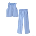 Women's Casual Two-Piece Set Sleeveless Slant Button Vest Top And Elastic Waist Vertical Striped Long Pants Light Blue Summer Loungewear Set