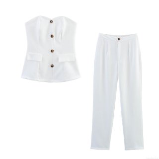 Women's Chic White Two-Piece Set Polyester Blend Strapless Button Vest Top And Straight Leg Cigarette Pants Suit For Commute Party Sexy Office Lady Outfit